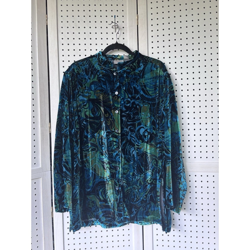 Chico's 2 LG Button Down Velour Rayon Silk Colorful Abstract Blouse Shirt Artsy